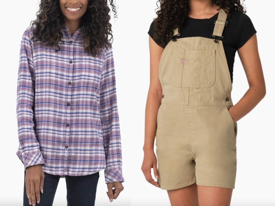 women in purple flannel and tan shortalls