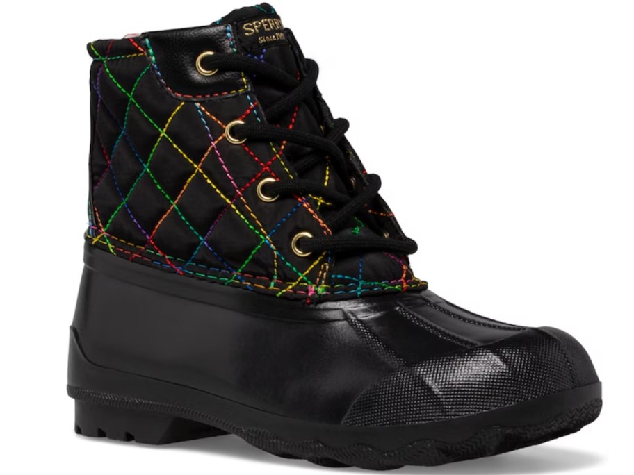 kid's Sperry duck boot in black with neon color stitching