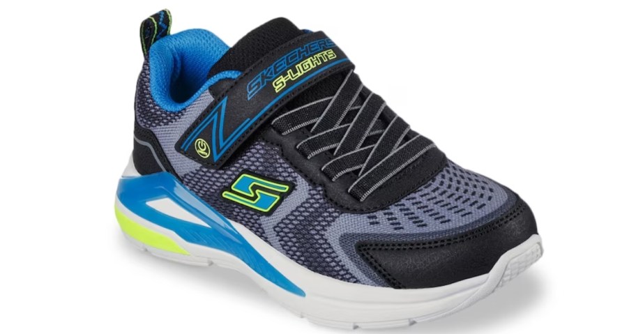 kid's Skechers shoe in black, blue and yellow