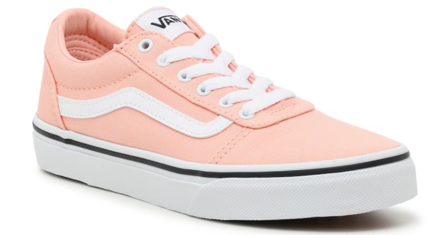 pink and white kid's Vans sneaker