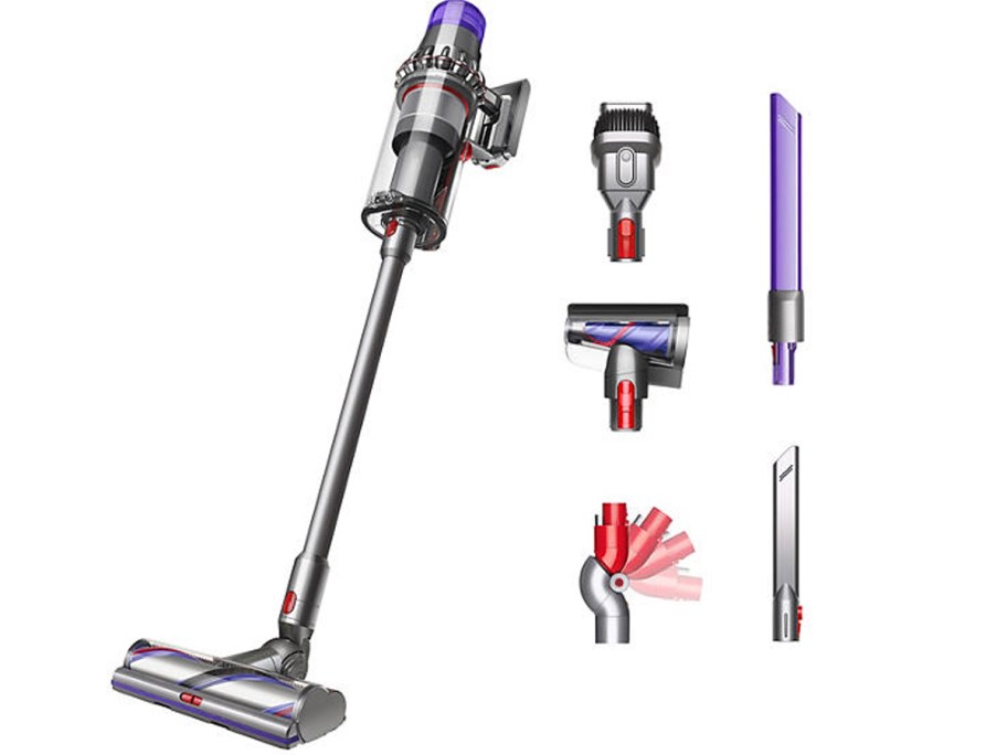 gray and purple dyson vacuum with attachments