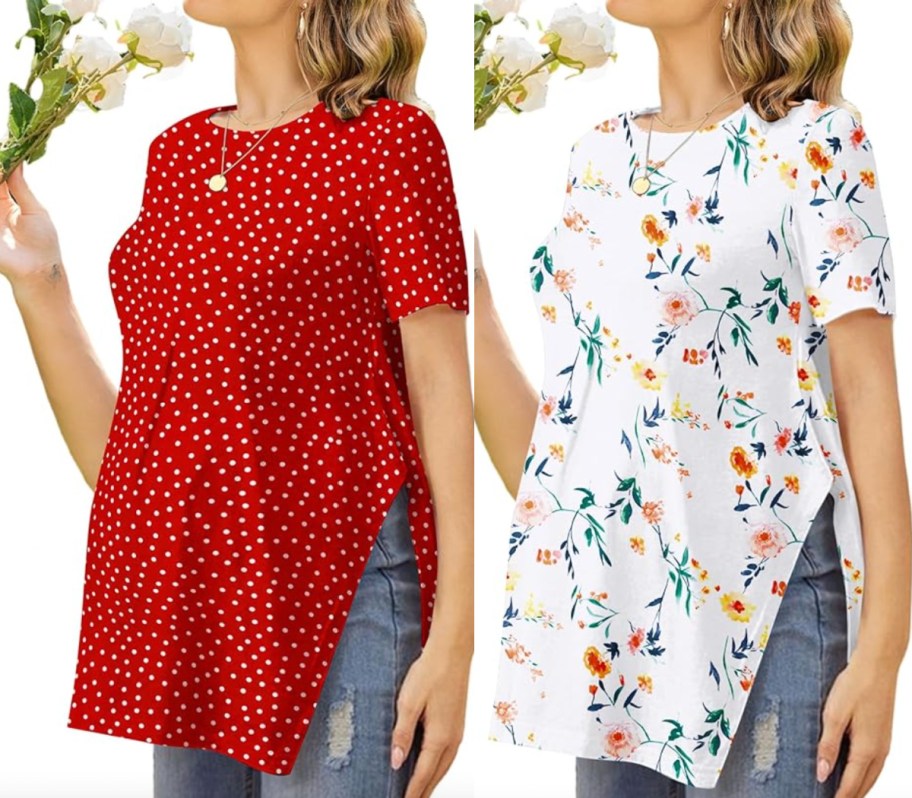 red dot and white floral maternity shirts