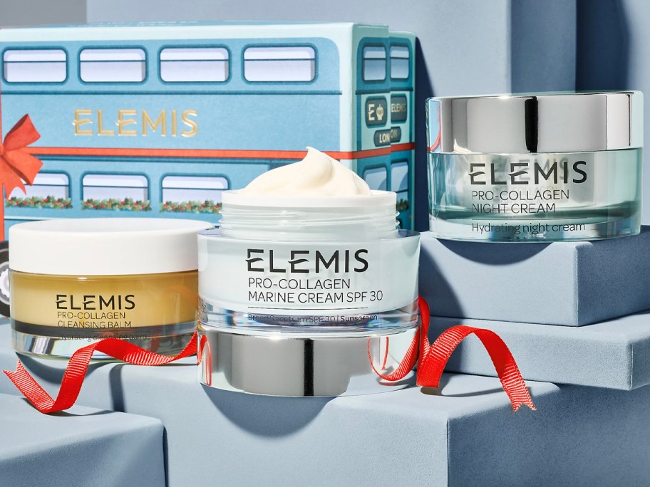 elemis pro collagen cream, night cream and balm on display with gift box