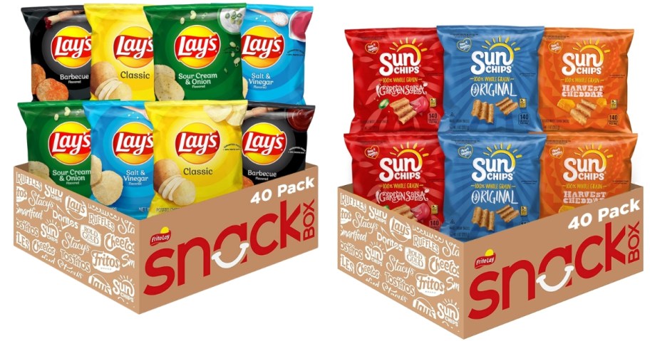 a bunch with different flavors of Lay's potato chips individual bags and a box with different flavors of Sun Chips individual bags