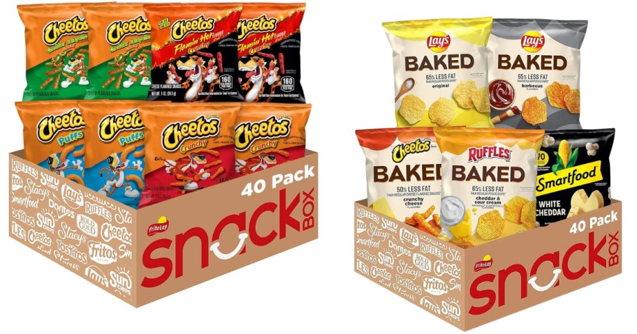 a box with a bunch of different kinds of Cheetos in individual bags and a box with different kinds of baked Frito Lay chips in individual bags