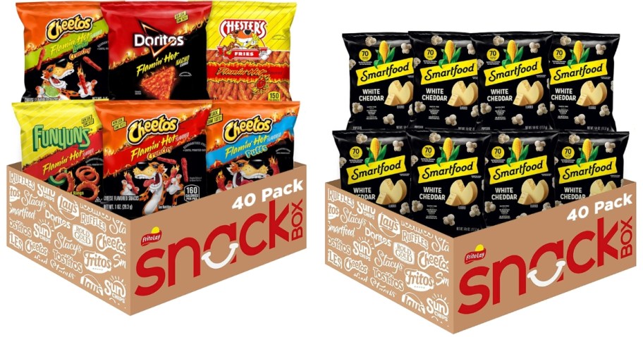 a box with a bunch of Cheetos Flamin' Hot individual snack size bags and a box with a bunch of SmartPop Popcorn individual bags