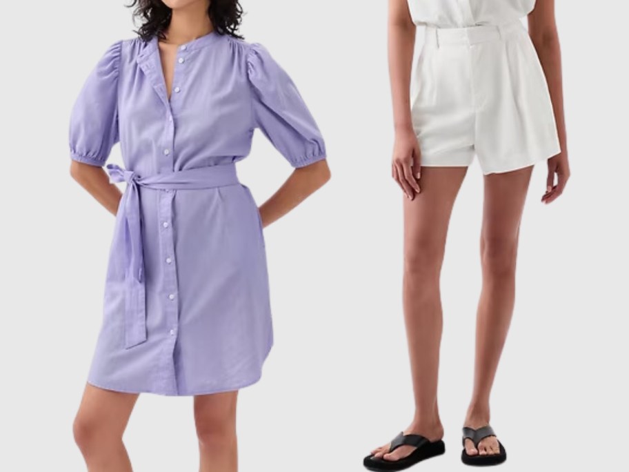 woman wearing a light purple linen button up dress and woman waring off white linen shorts