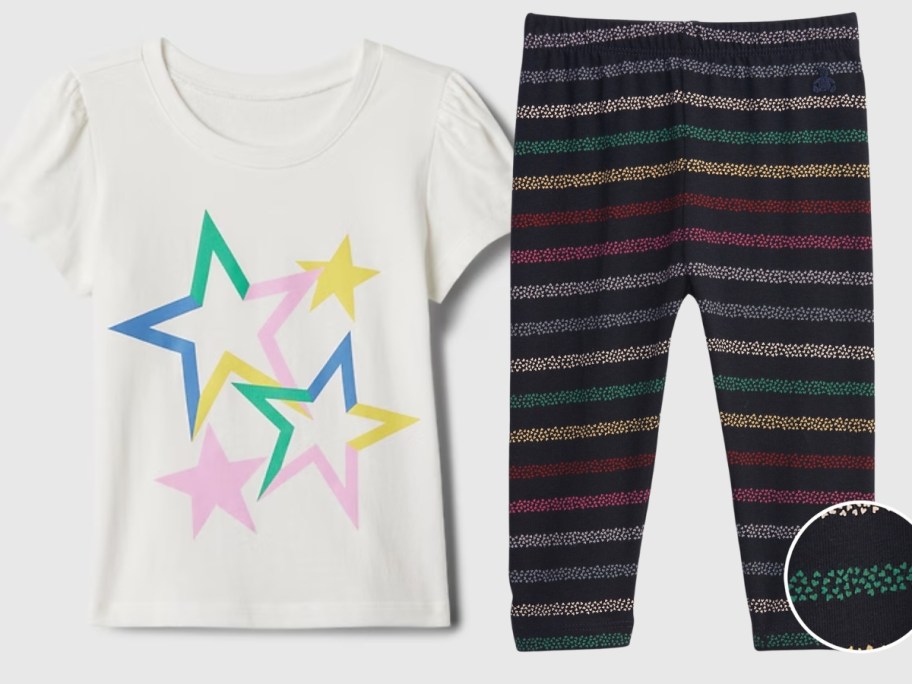 toddler tshirt white with stars, baby leggings black with colorful stripes