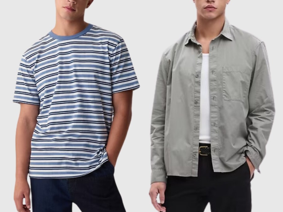 man wearing a blue striped t-shirt and man wearing a grey button up shirt with a white tshirt under it