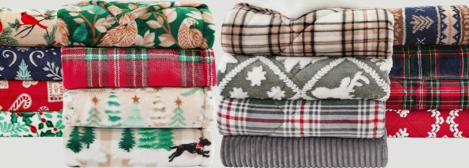 holiday throw blankets folded and stacked