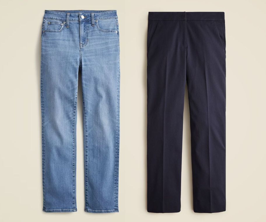 a pair of womens jeans shown with a pair of womens dress pants