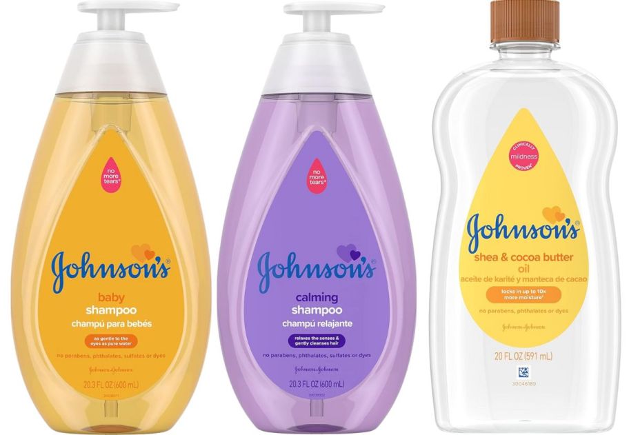 bottles of johnson baby shampoo and baby oil