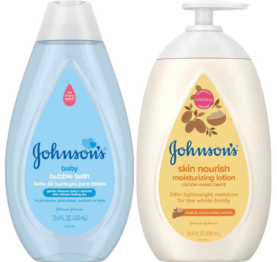 a bottle of johnsons bubble bath and a bottle of lotion