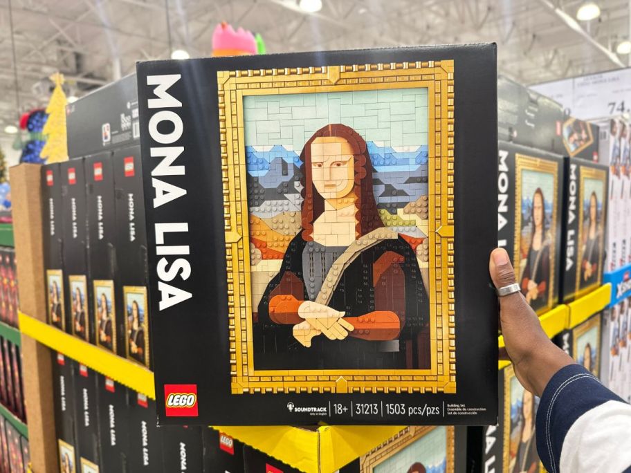 a womans hand holding a lego mona lisa box