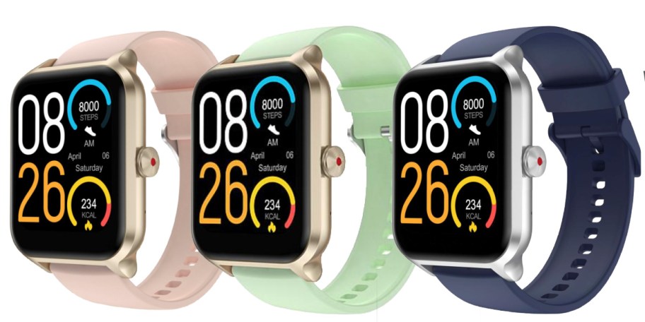 pink green and black smartwatches