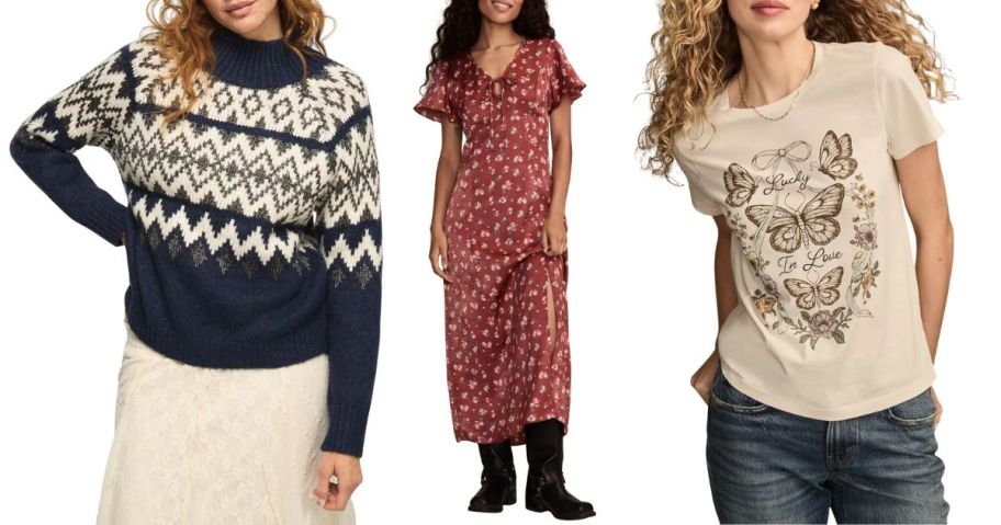 three women wearing lucky brand tops and a dress