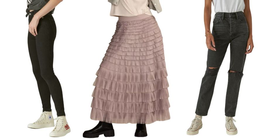 two women wearing lucky brand jeans and other wearing a lucky brand skirt