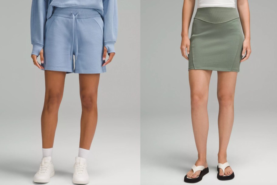 grey blue shorts and green skirt