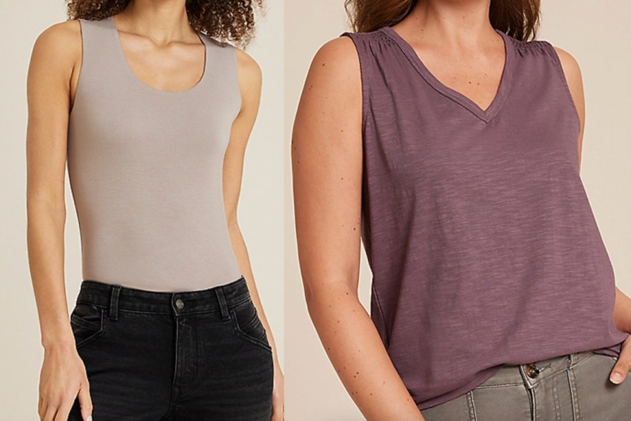 grey and maroon tank tops