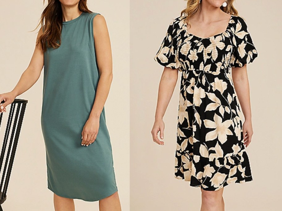 black and white floral and teal dresses