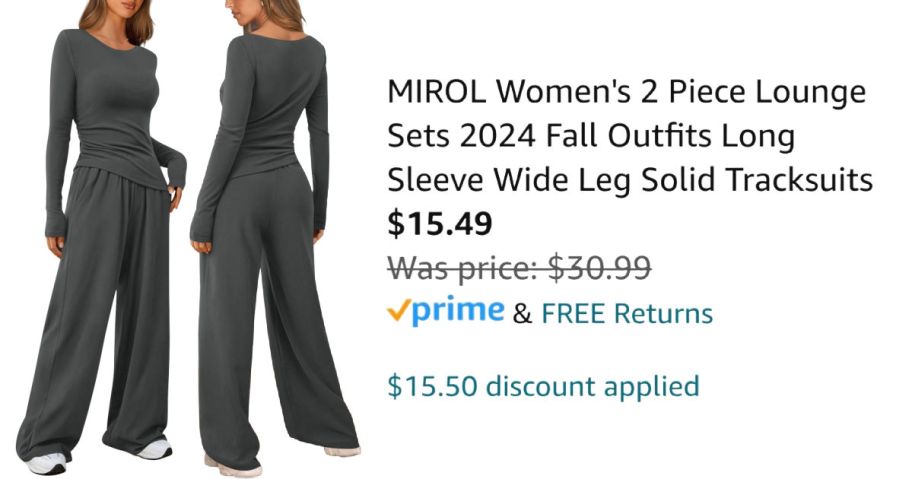 front and back view of woman in gray tracksuit next to Amazon pricing information