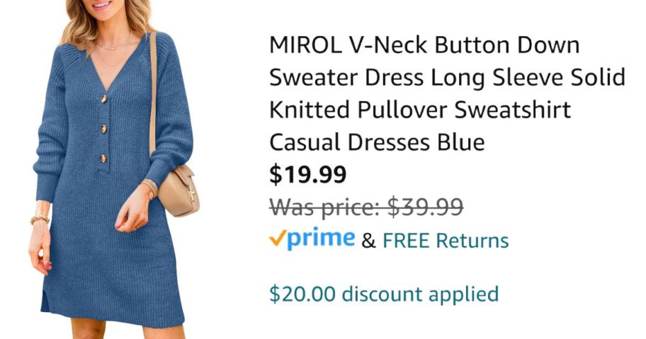 woman wearing blue sweater dress next to Amazon pricing information