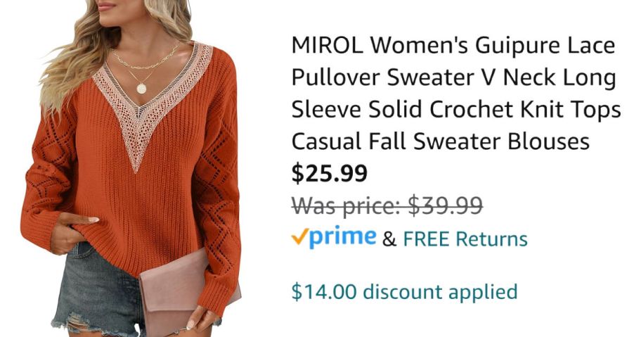 woman wearing orange v-neck sweater next to Amazon pricing information