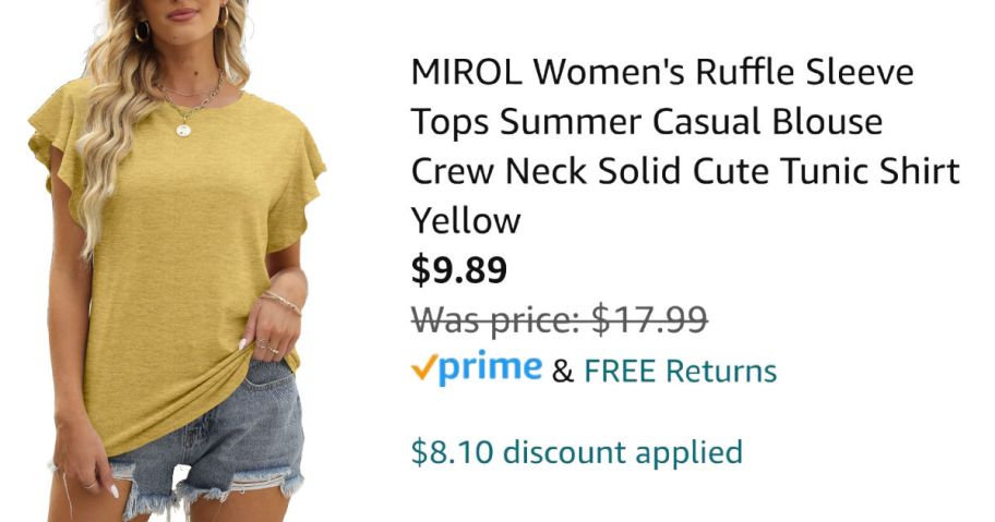 woman wearing yellow shirt next to Amazon pricing information