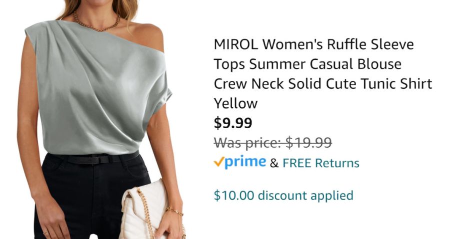 woman wearing silk shirt next to Amazon pricing information