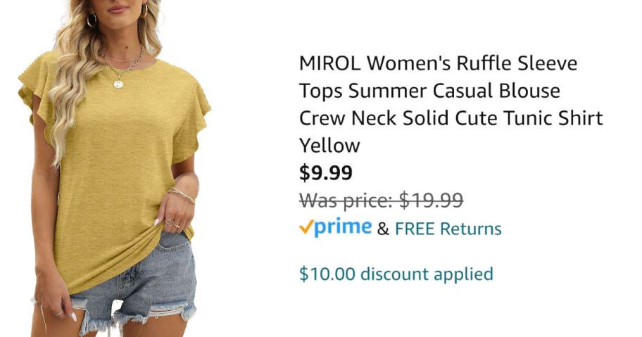 woman wearing yellow shirt next to Amazon pricing information