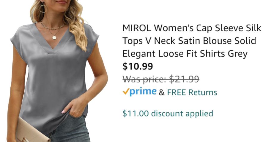 woman wearing gray shirt next to Amazon pricing information