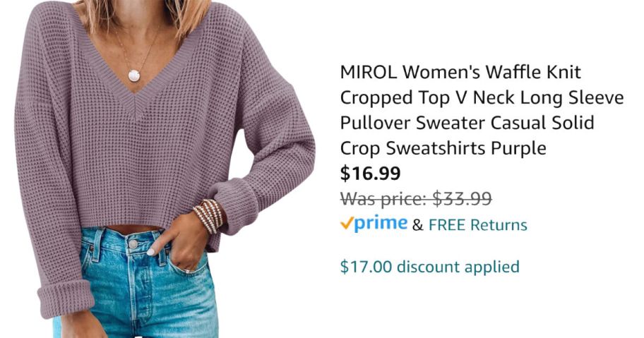 woman wearing purple v-neck waffle crop top next to Amazon pricing information