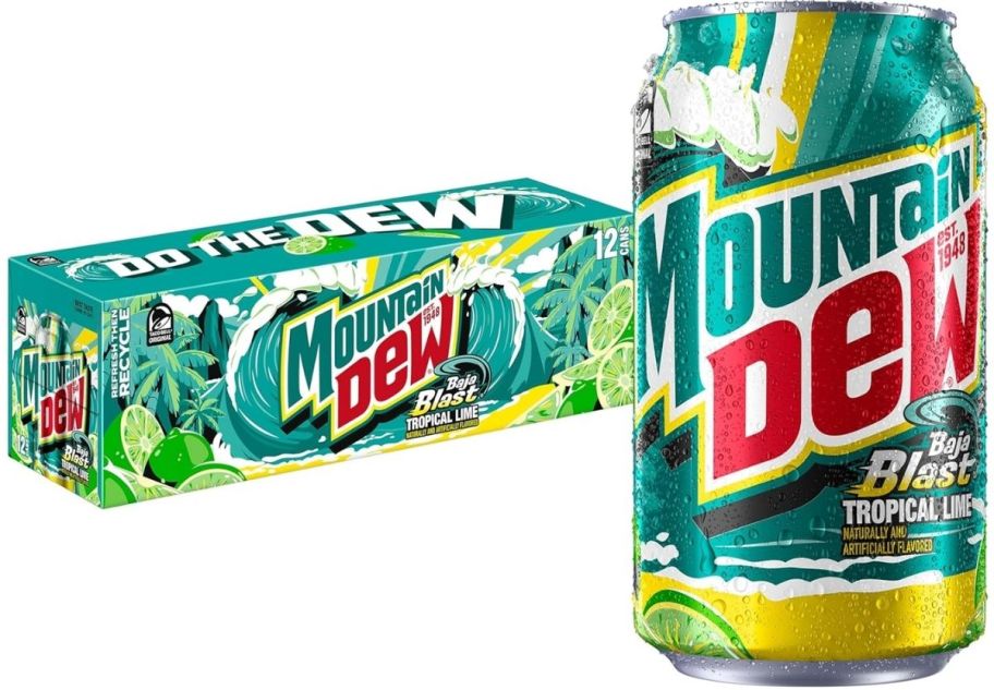 a 12-pack of mountain dew shown with a can of mountain dew