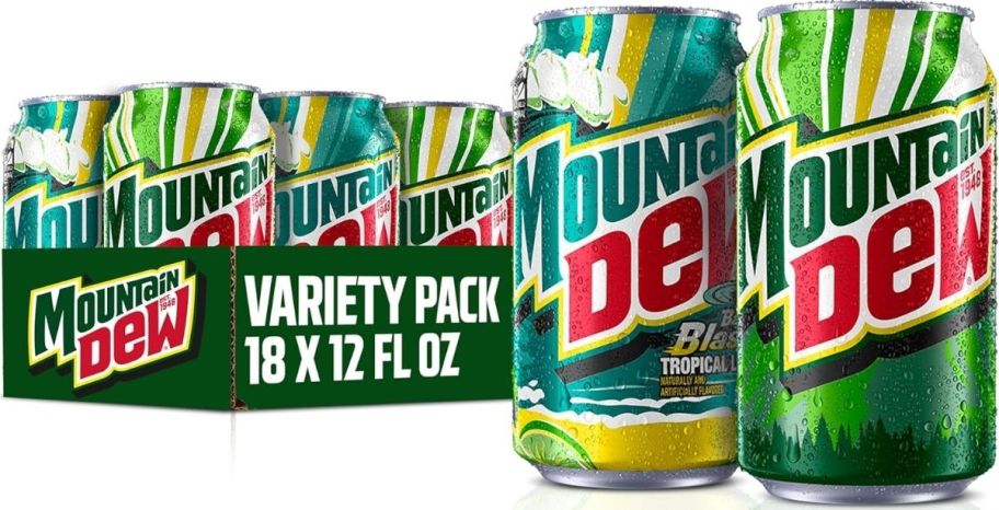 m an 18 count mountain dew and baja blast variety pack shown with a can of mountain dew and a can of baja blast tropical lime