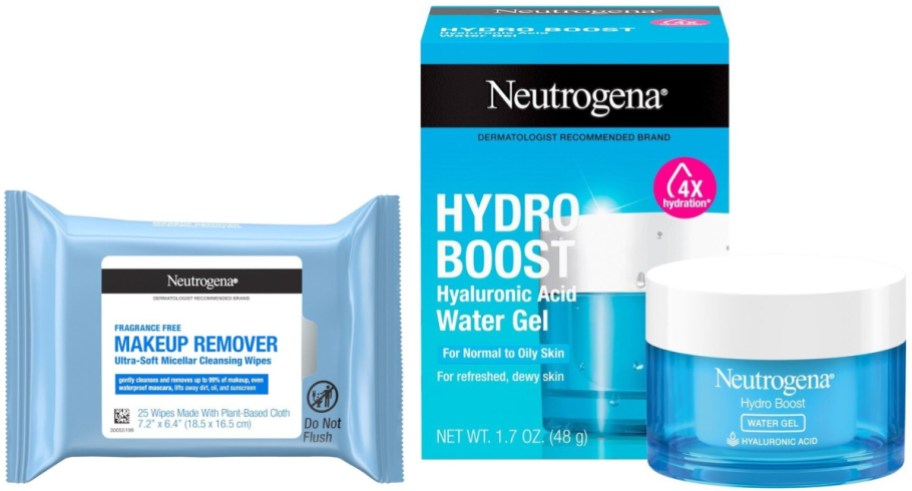 Neutrogena Hydro Boost products, including a pack of makeup remover wipes and a jar of hyaluronic acid water gel.