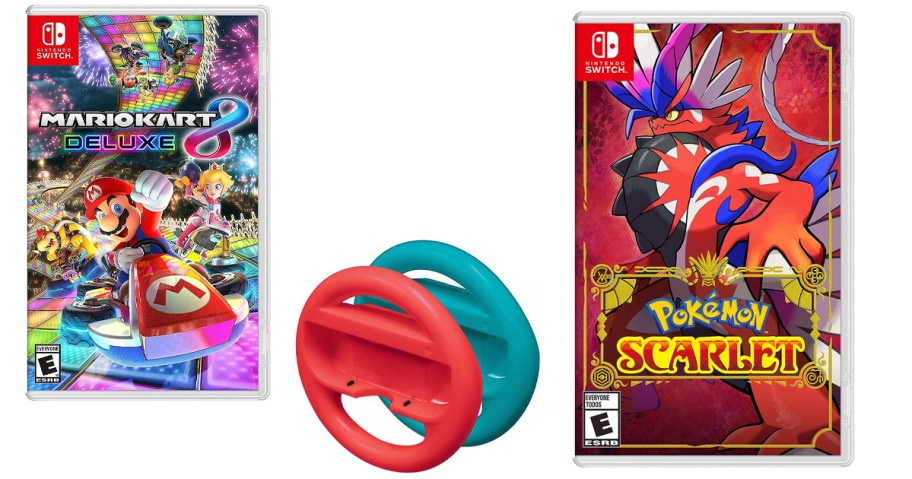 mario kart 8 game with two steering wheels and pokemon scarlet game 