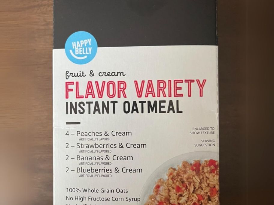 Happy Belly Instant Oatmeal Fruit & Cream 10-Count Variety Pack box on counter