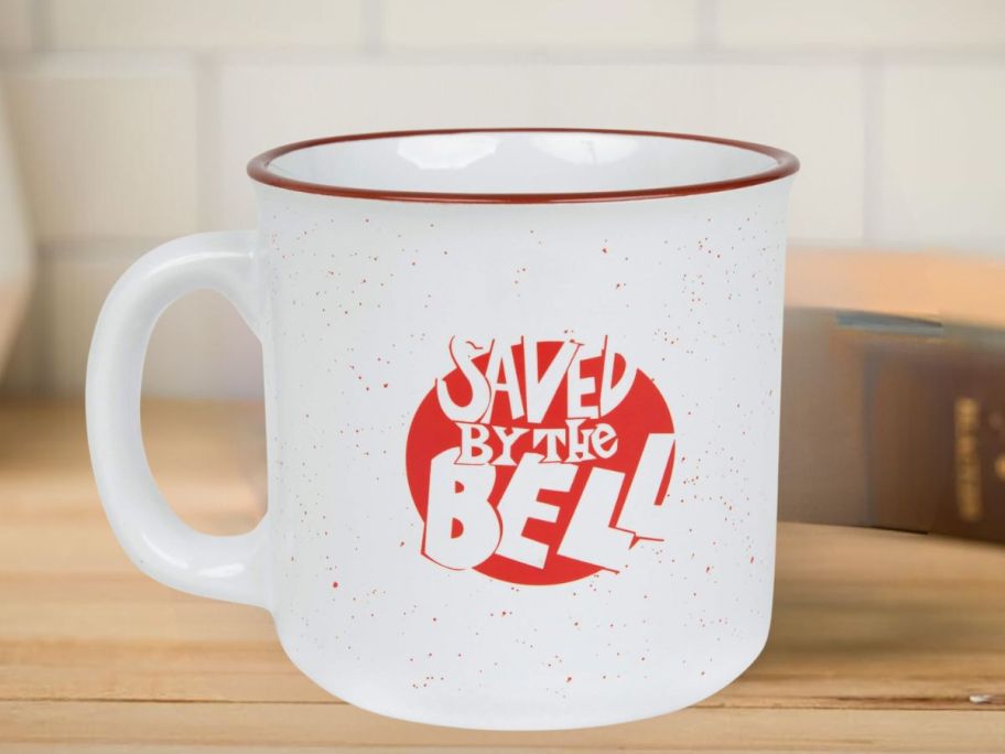 Silver Buffalo Saved By The Bell Bayside Tigers Ceramic Camper Mug 20oz on counter