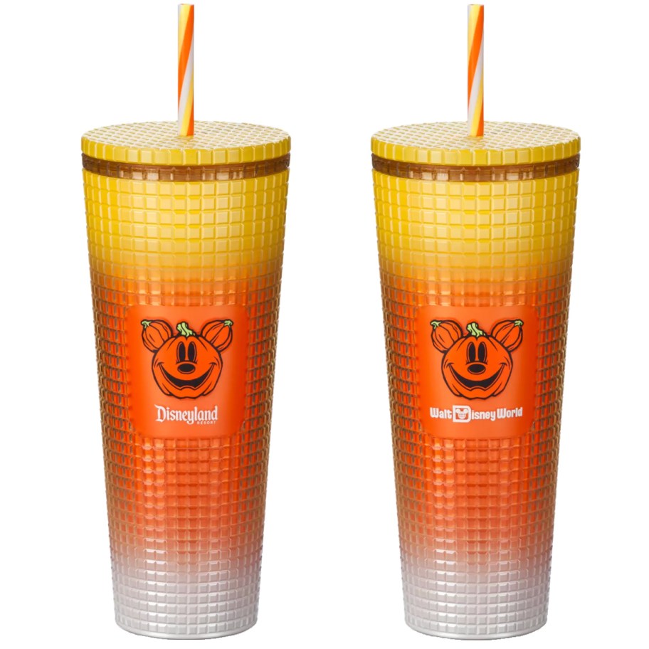 two candy corn tumblers side by side