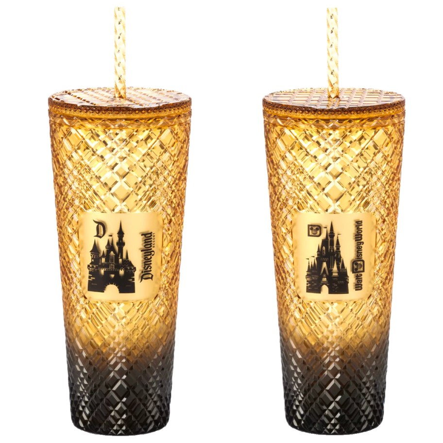 two gold sleeping beauty castle straw tumblers