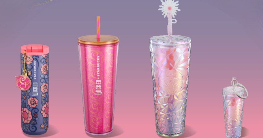 various Starbucks Wicked Glinda Tumblers in shades of pink