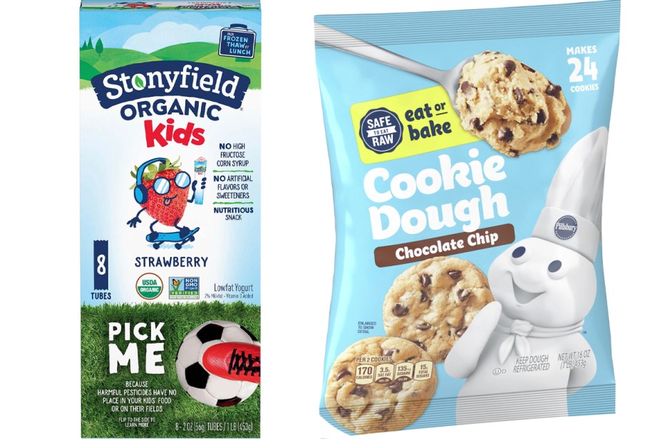 stonyfield yogurt box and pillsbury cookies bag