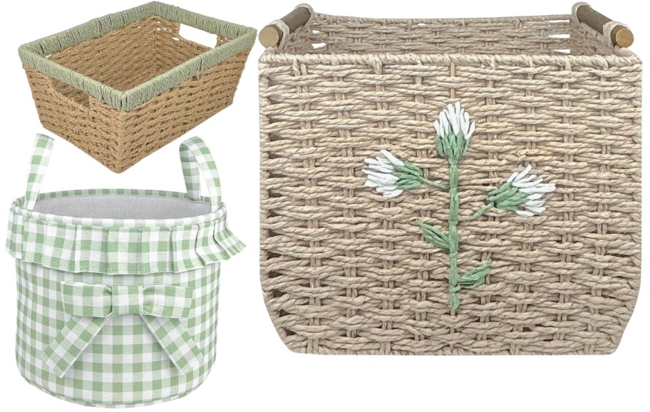 small paper basket, round gingham basket and rectangle woven basket