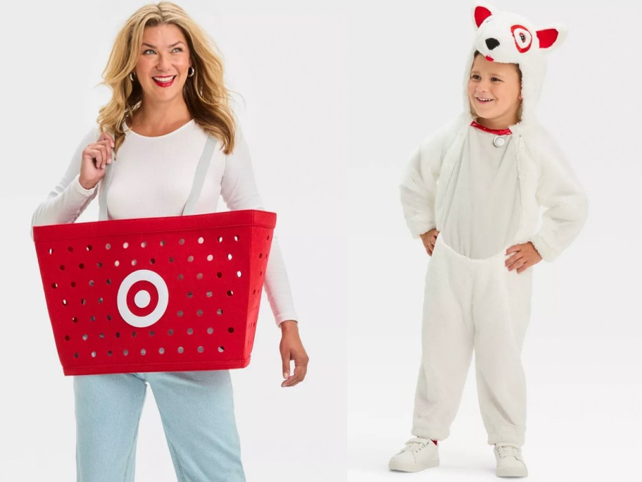 woman in target basket and kid in target bullseye costumes 