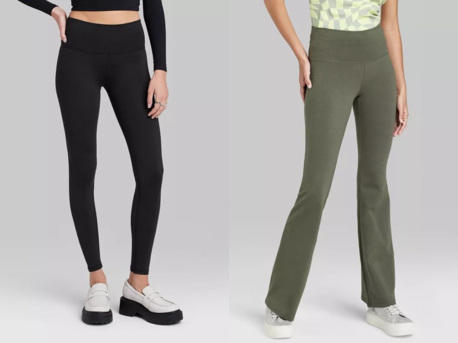 woman wearing black leggings and woman wearing olive green flare leggings