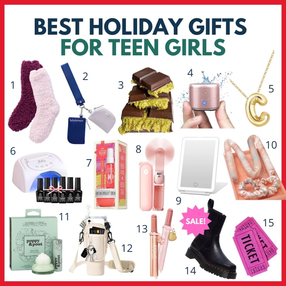 Collage graphics of the best holiday gifts for teenage girls 