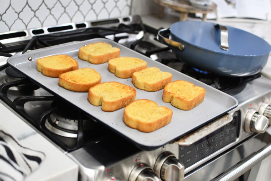 toasted texas toast on a sheet pan 