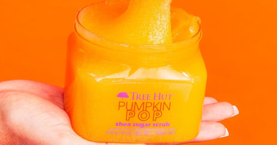 hand holding an open container of Tree Hut Pumpkin Pop Scent Sugar Scrub with the other hand pulling some of it out on a dark orange background