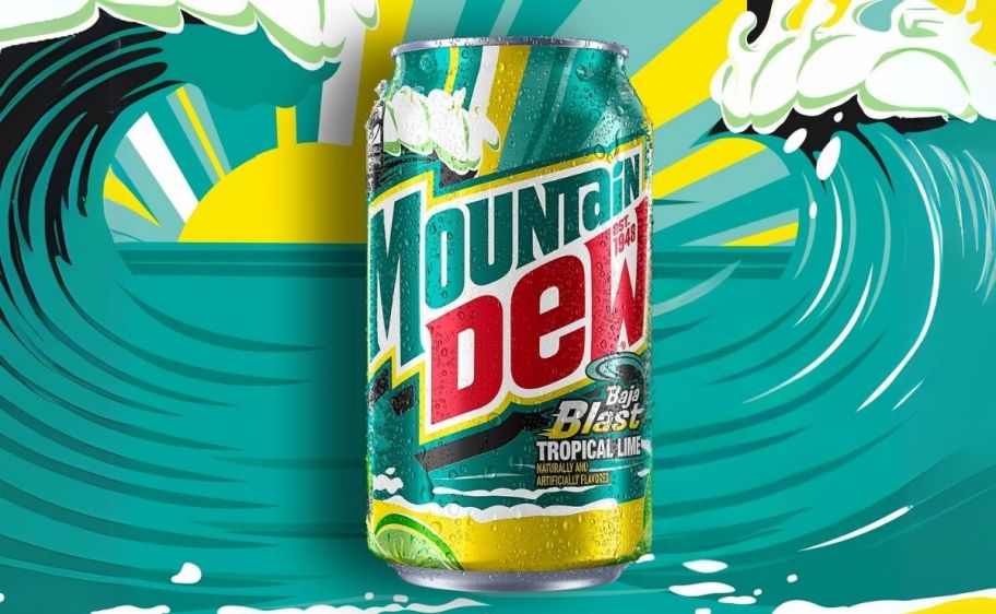 a can of mountain dew baja blast tropical lime flavored soda on a graphic wave background