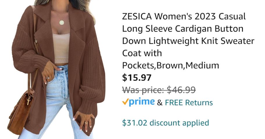 woman wearing brown coatigan next to Amazon pricing information